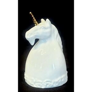 Vintage 1980 Enesco Unicorn Head Porcelain Bell Gold Horn Figurine